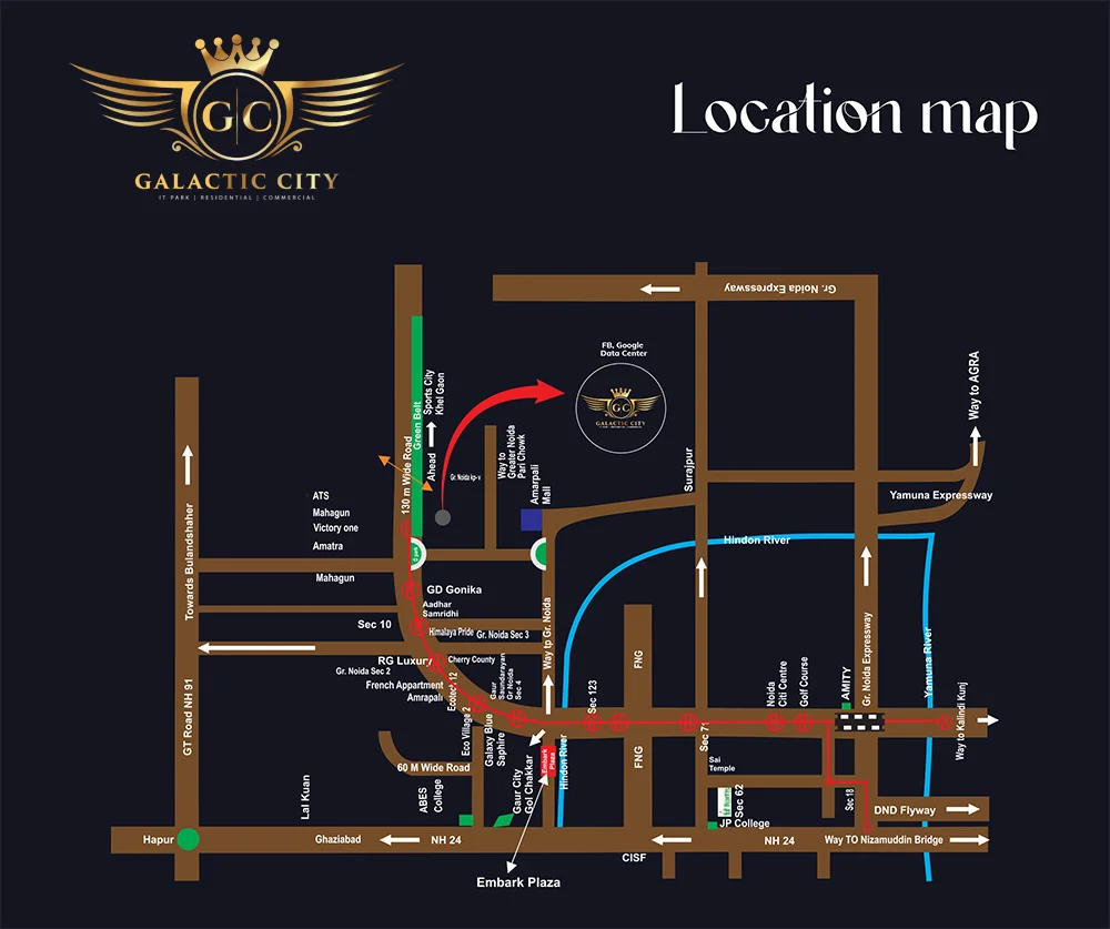 Galactic City location map showing Knowledge Park V, Greater Noida connectivity